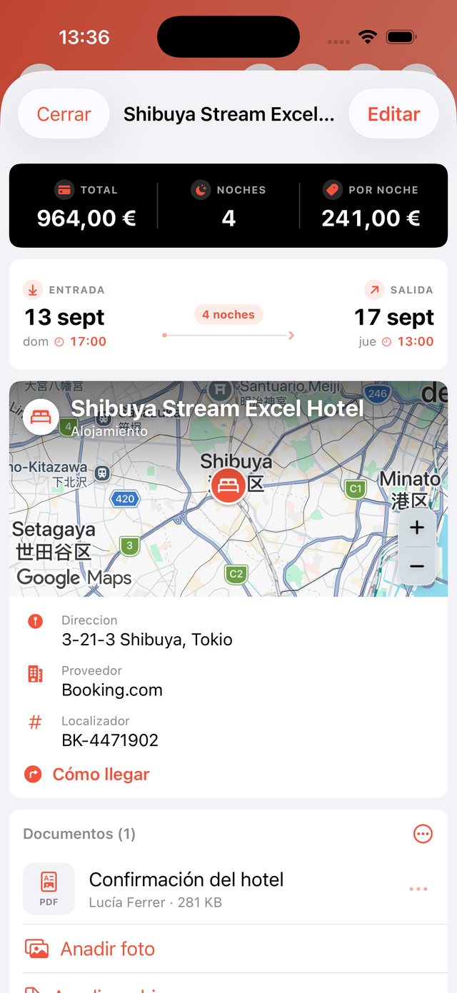 Detalle de una reserva en OhMyWay con horarios, localizador y documentos adjuntos