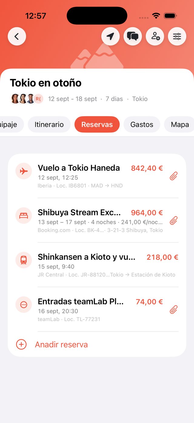 Lista de reservas del viaje (vuelos, coche) con localizador en OhMyWay