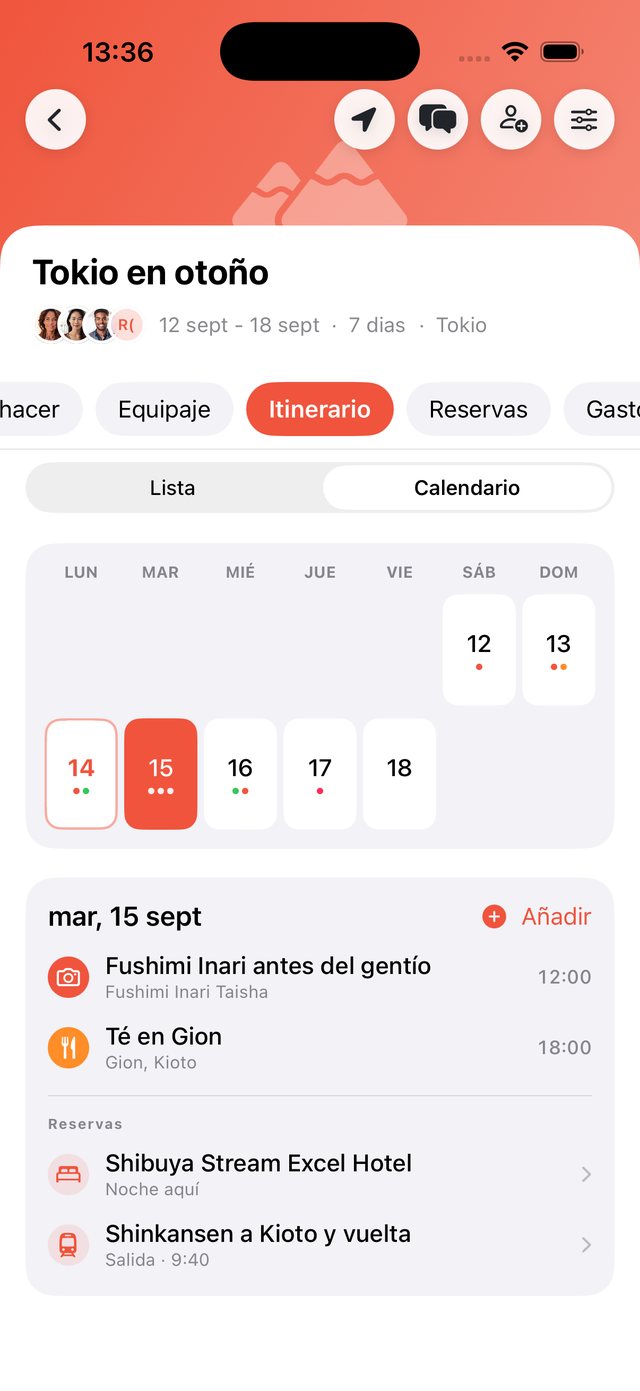 Vista de calendario de un viaje en OhMyWay con las estancias en bandas de color