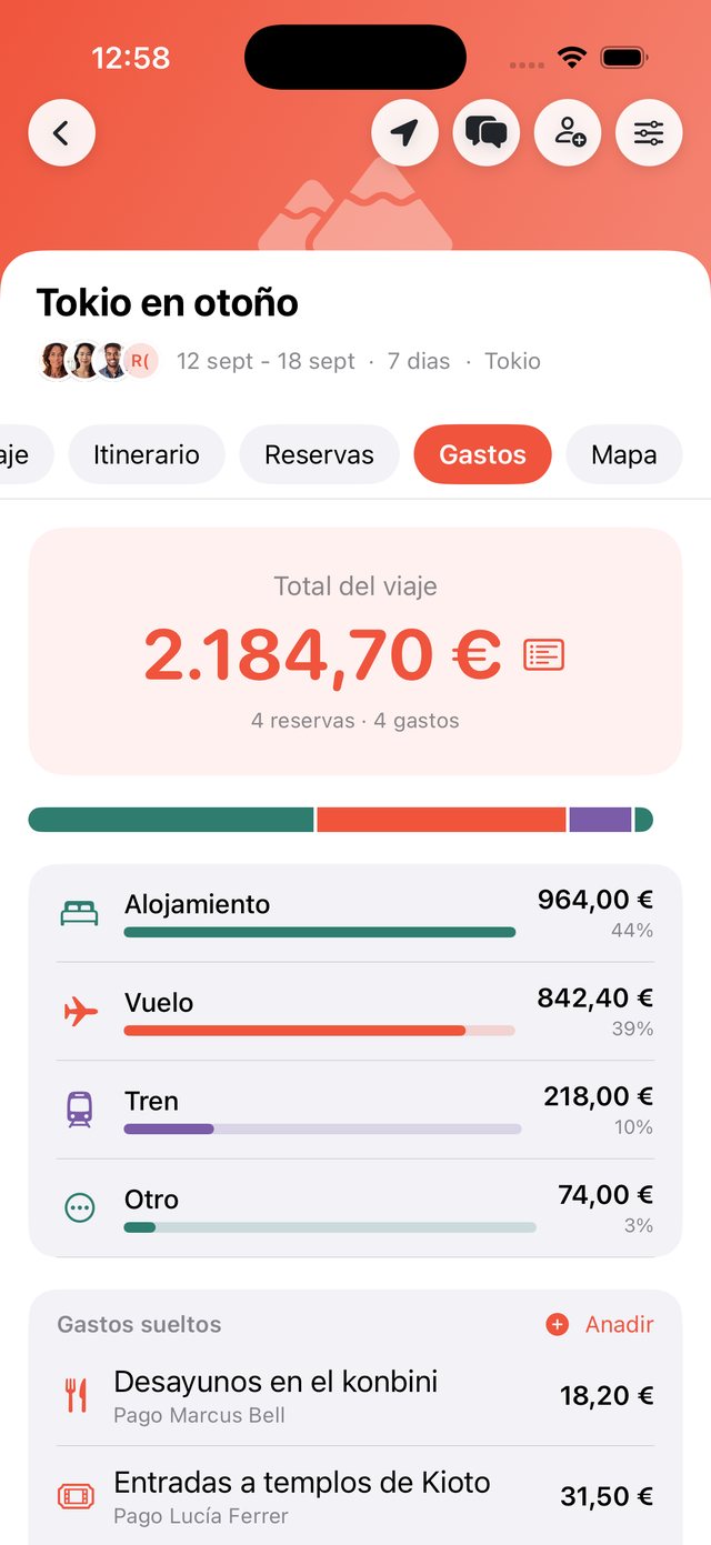 Resumen de gastos de un viaje por categoría y moneda en OhMyWay