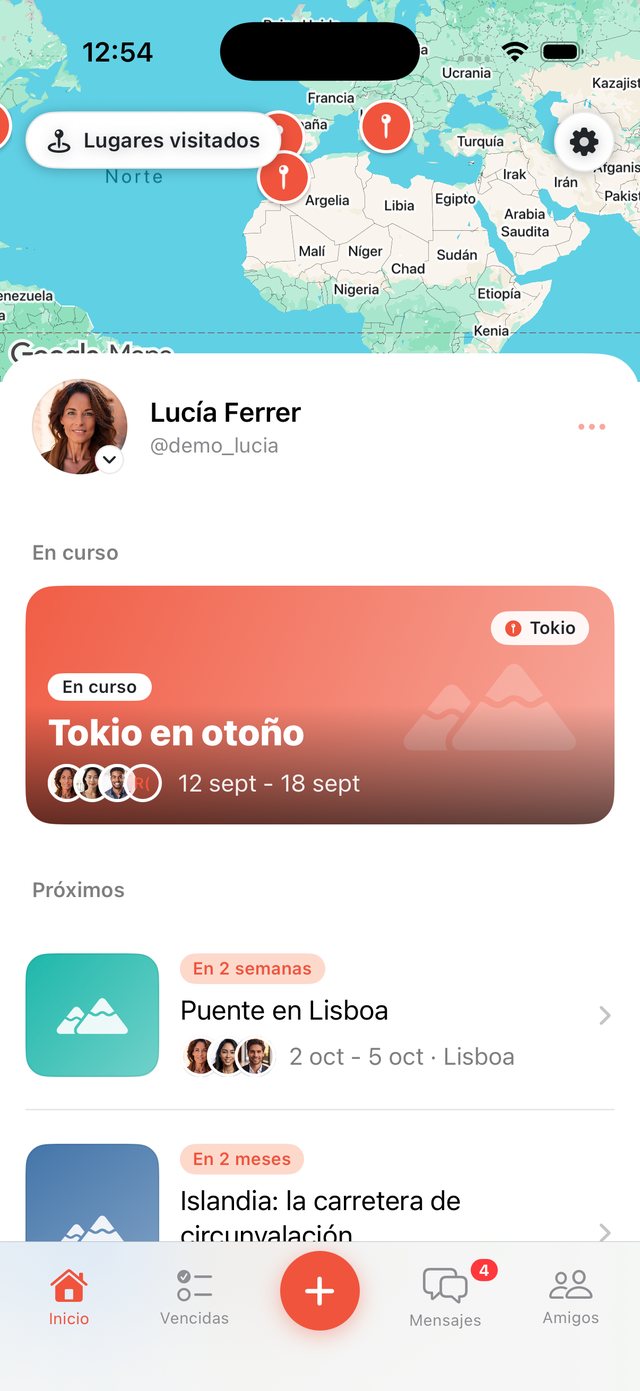 Pantalla de inicio de OhMyWay con tus viajes y el mapa del mundo