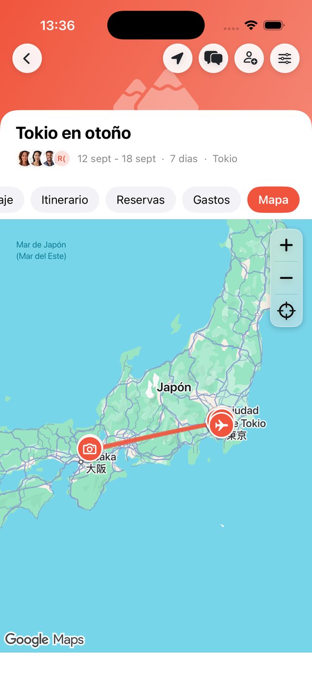 Mapa de un viaje con el recorrido del día sobre las paradas en OhMyWay