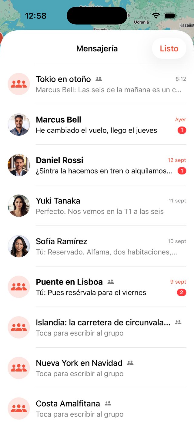Listado de conversaciones de OhMyWay con los grupos de cada viaje y los mensajes privados