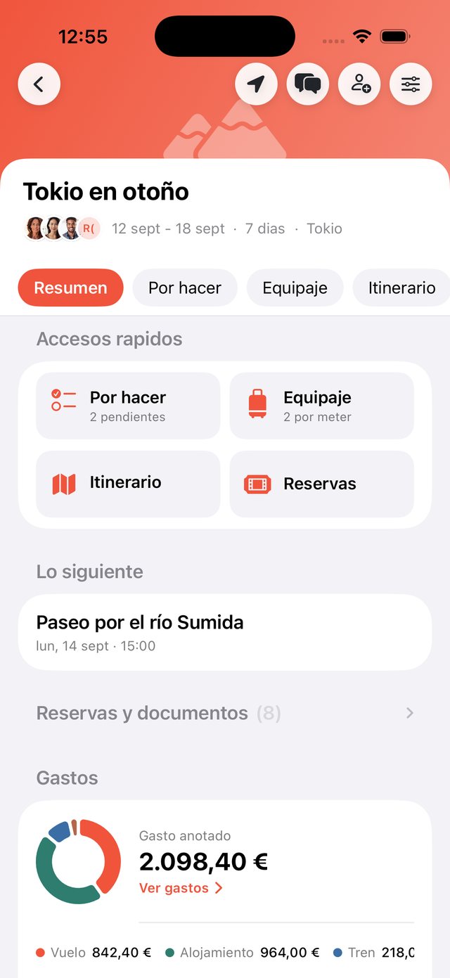 Resumen de un viaje en OhMyWay con accesos rápidos, reservas, documentos y gasto