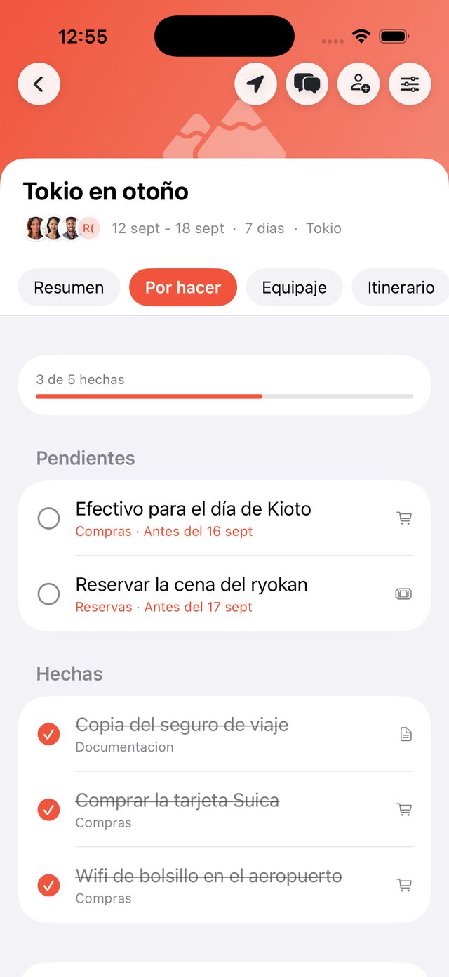 Lista de tareas pendientes de un viaje en OhMyWay